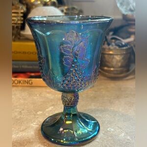 Vintage Indiana Glass Blue Carnival Glass goblet featuring the Harvest Grape